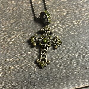Cookie Lee Antiqued Brass and Green Gemstone Cross Necklace